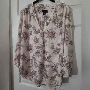 Adrienne Vittadini Cream Floral V-Neck Blouse